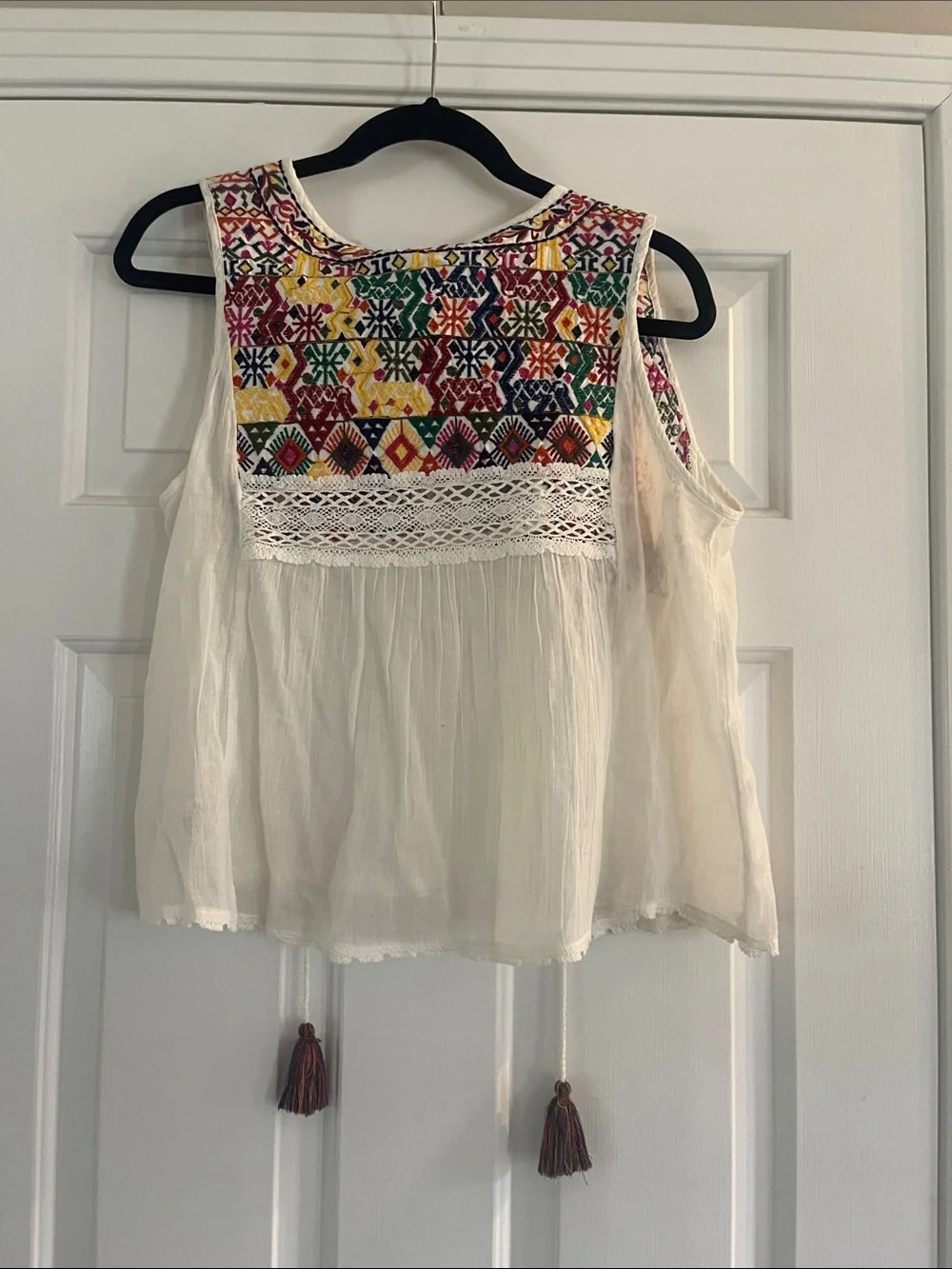 Free People Cream Gauze Camisole with Multicolor Embroidered Yoke